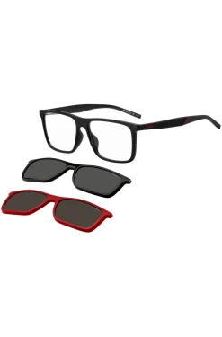 Black optical frames with clip-on shaded lenses