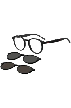 Black optical frames with clip-on shaded lenses