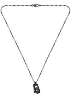 Black-plated necklace with metal link and leather tag