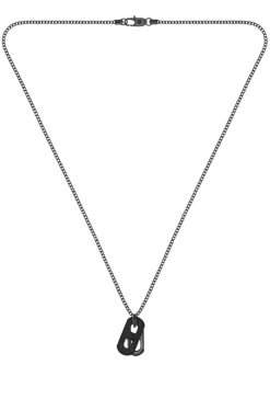 Black-plated necklace with metal link and leather tag