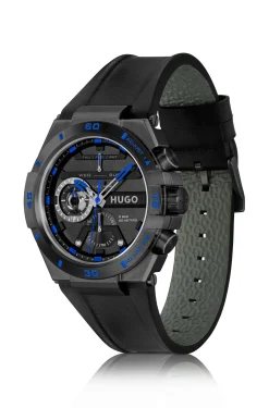 Black-plated watch with leather strap