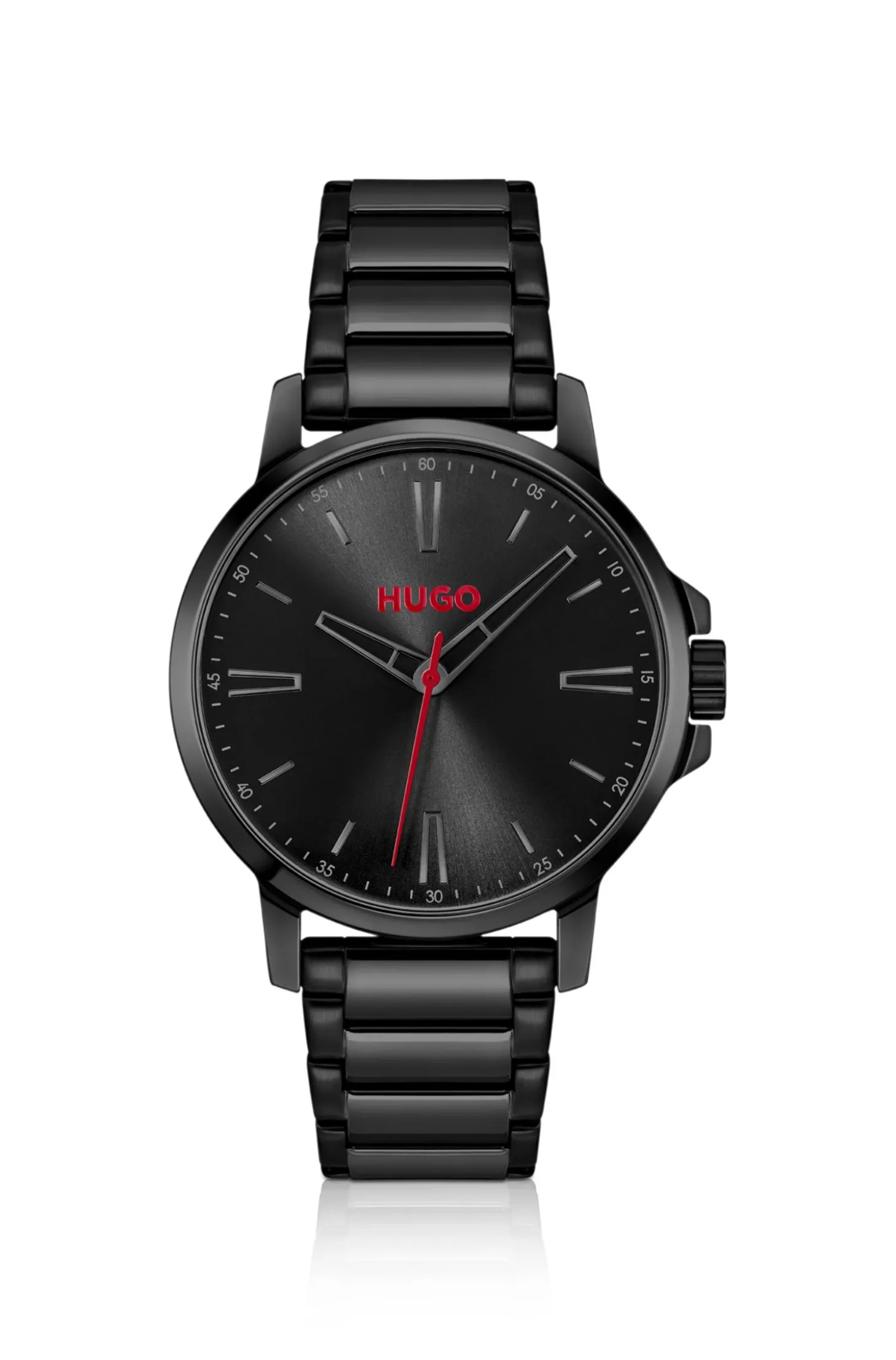 Black-plated watch with tonal steel bracelet