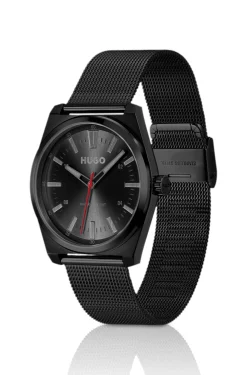 Black-plated watch with tonal mesh bracelet