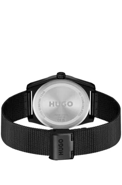 Black-plated watch with tonal mesh bracelet