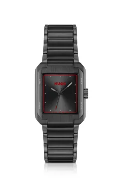 Black-steel watch with red accents
