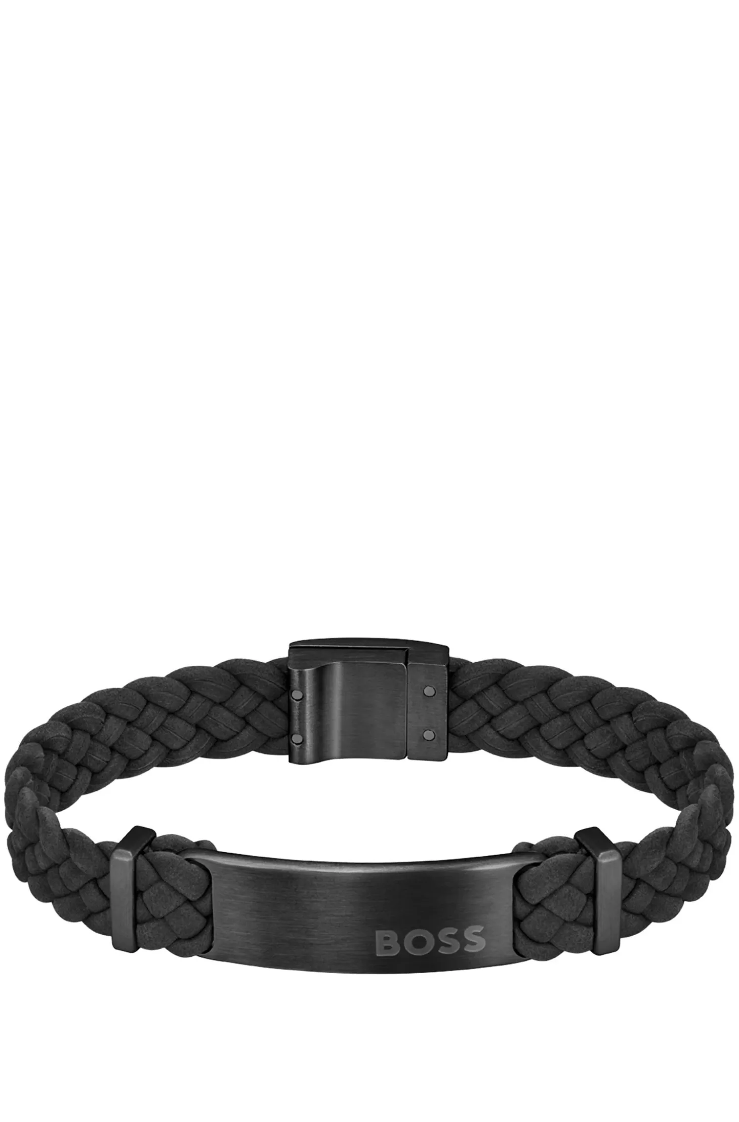Black-suede braided cuff with logo plate