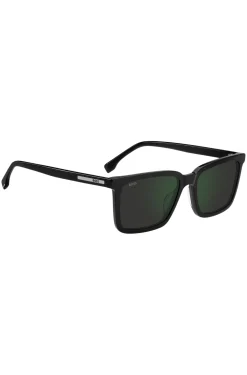 Black sunglasses with engraved logo plaque