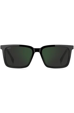 Black sunglasses with engraved logo plaque