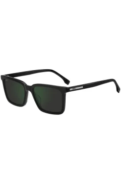 Black sunglasses with engraved logo plaque