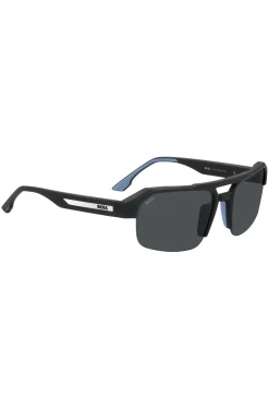 Black sunglasses with temple insert and logo