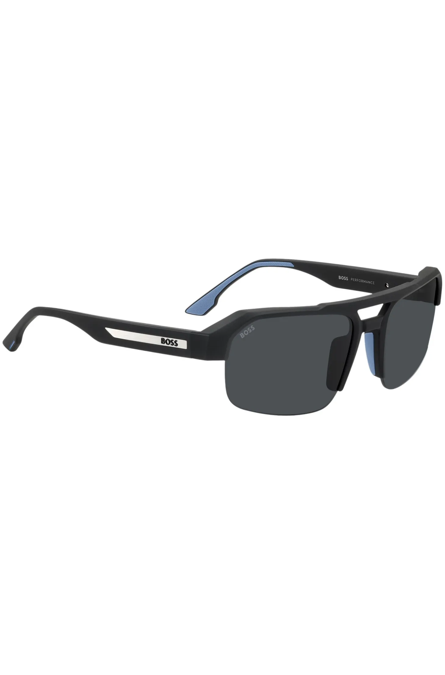 Black sunglasses with temple insert and logo