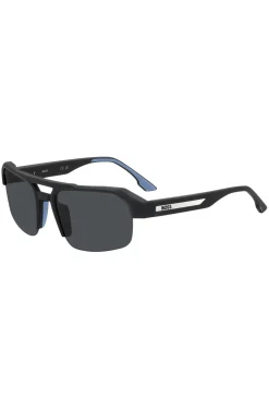 Black sunglasses with temple insert and logo
