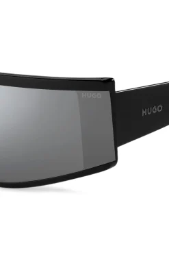 Black unisex shield sunglasses with logo