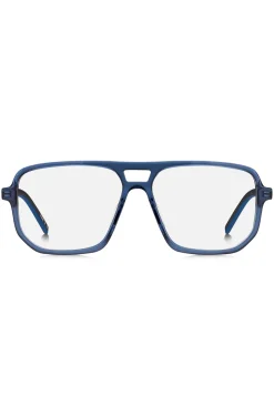 Blue-acetate optical frames with cut-out logo