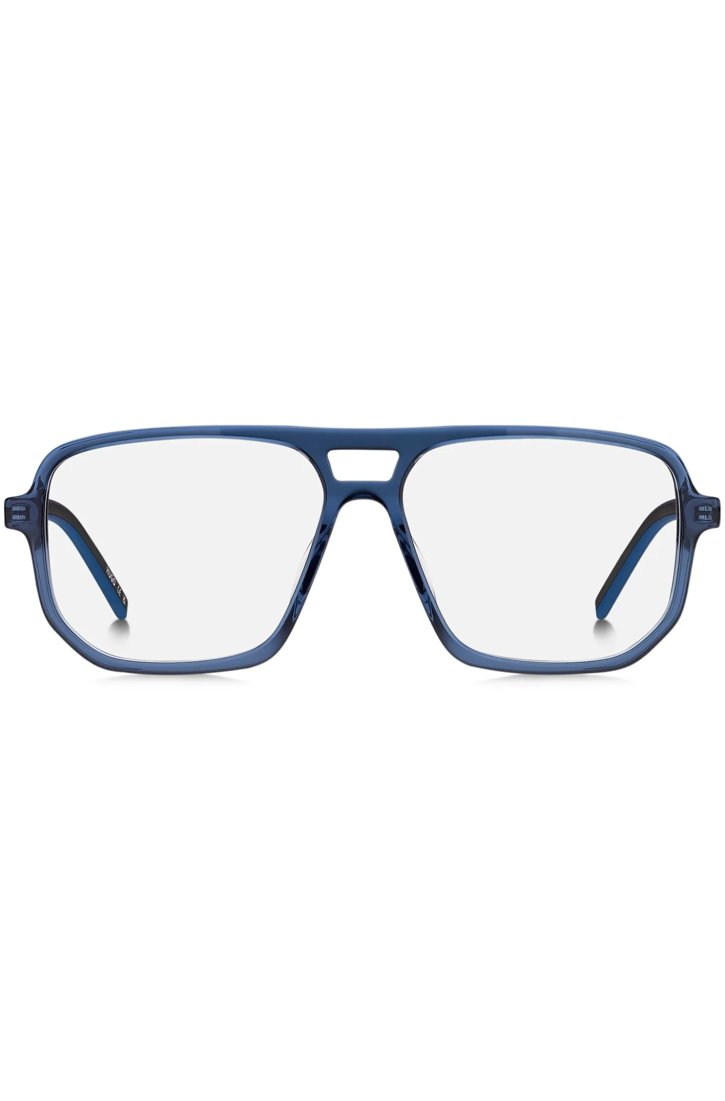 Blue-acetate optical frames with cut-out logo