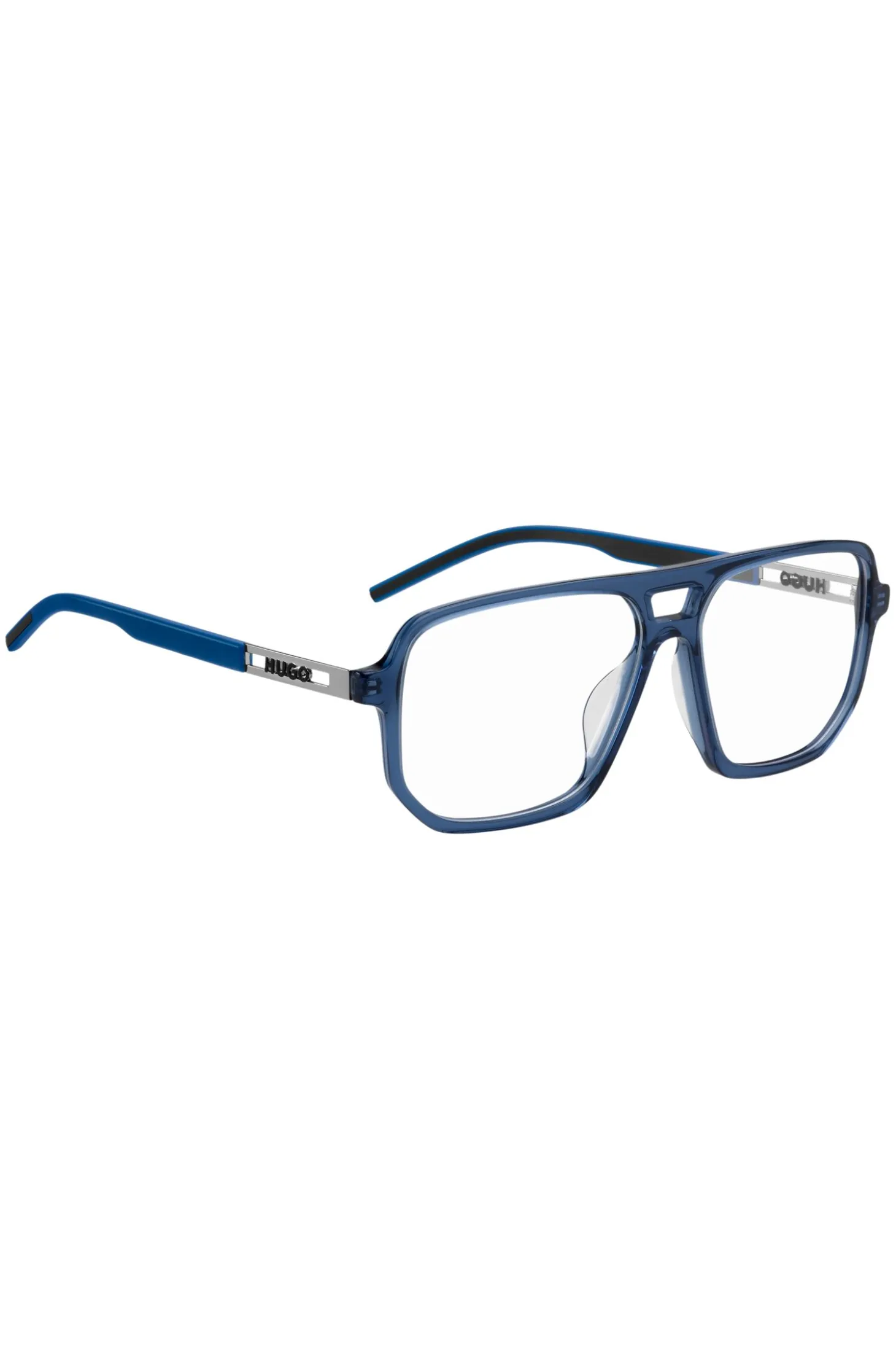 Blue-acetate optical frames with cut-out logo