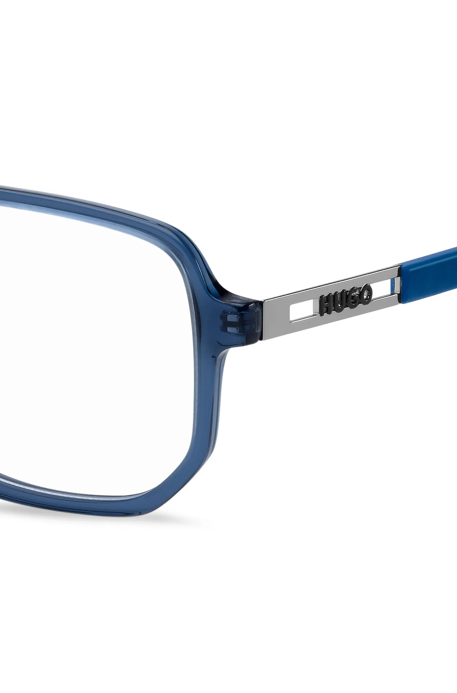 Blue-acetate optical frames with cut-out logo