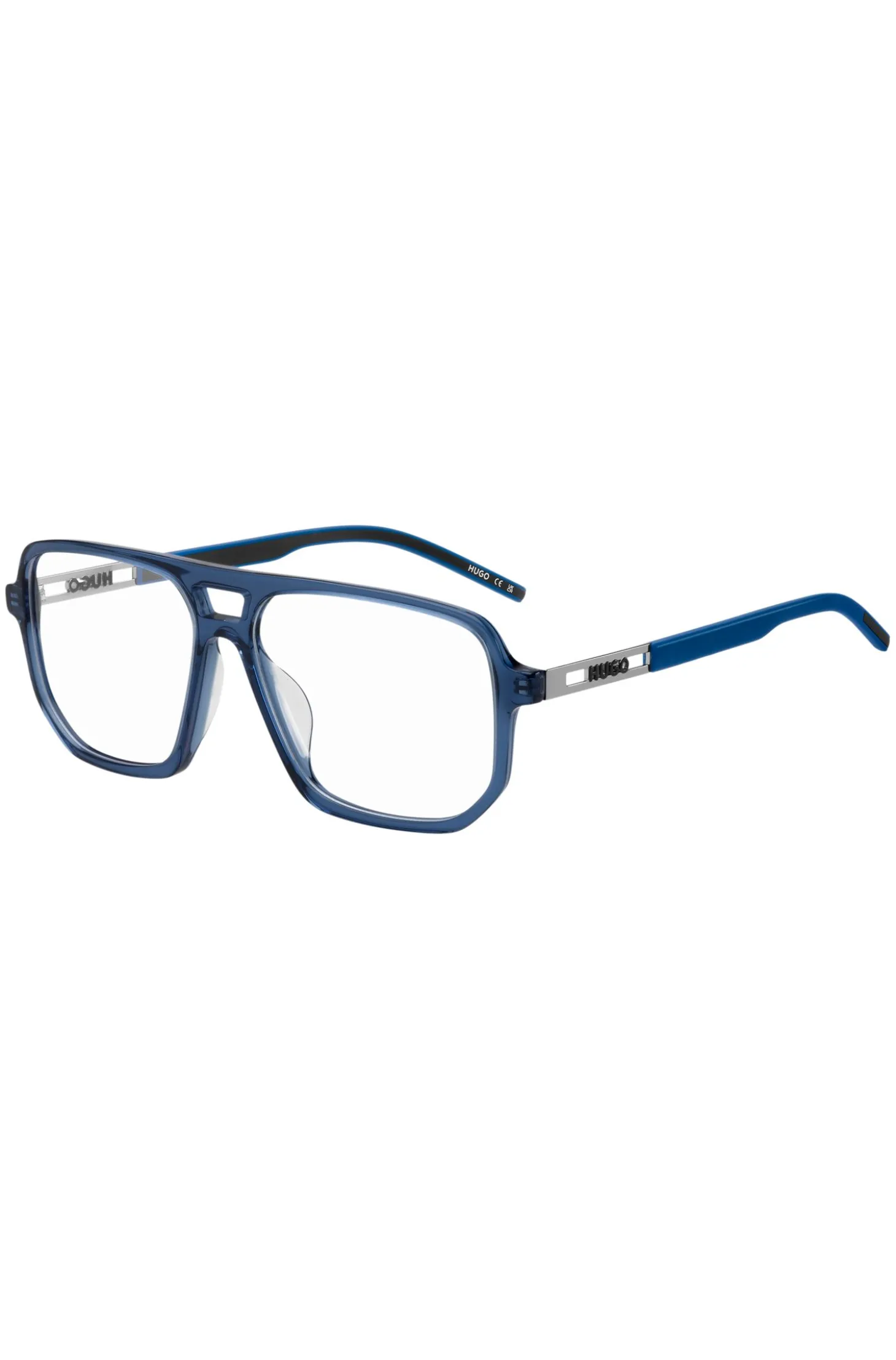 Blue-acetate optical frames with cut-out logo