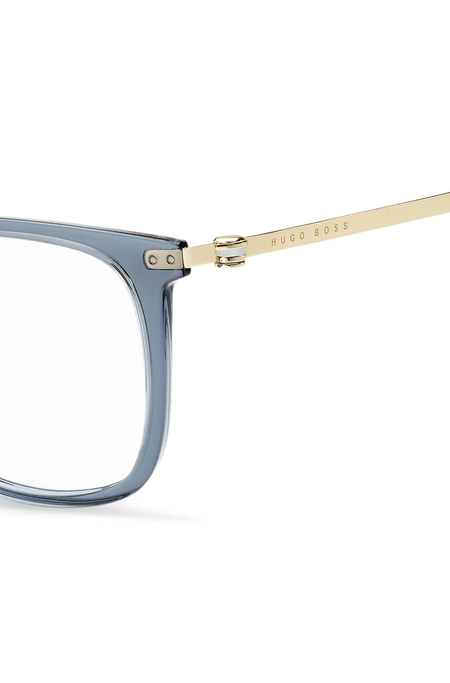 Blue-acetate optical frames with gold-tone temples