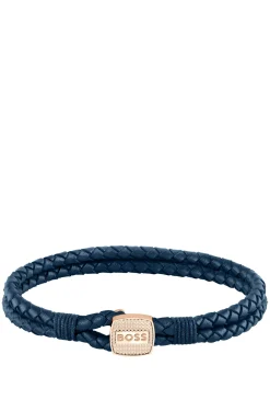 Blue braided-leather cuff with gold-tone closure