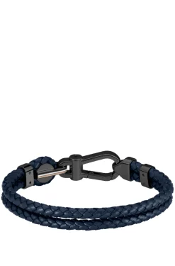 Blue braided-leather cuff with black carabiner closure