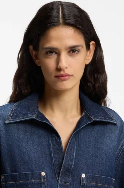 Blue-denim dress with Johnny collar