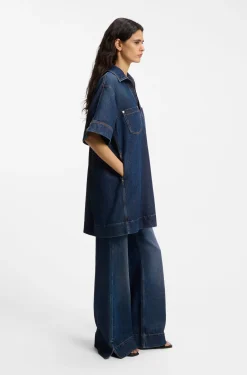 Blue-denim dress with Johnny collar