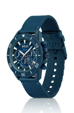 Blue-dial chronograph watch with fabric strap
