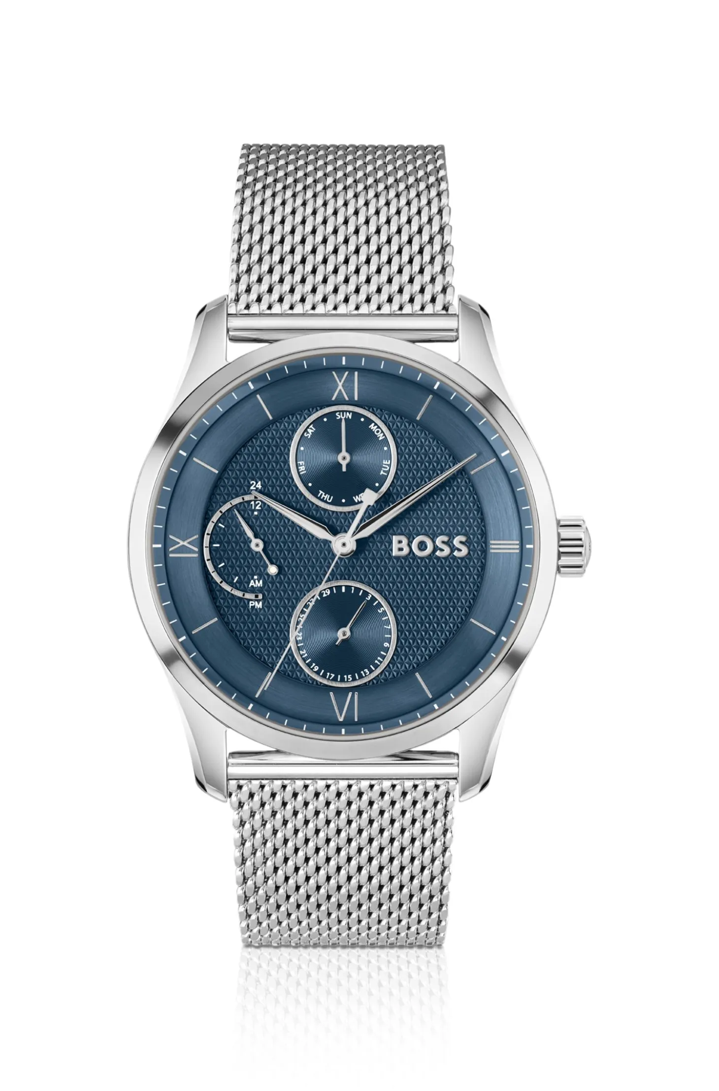 Blue-dial watch with mesh bracelet