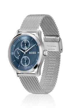 Blue-dial watch with mesh bracelet