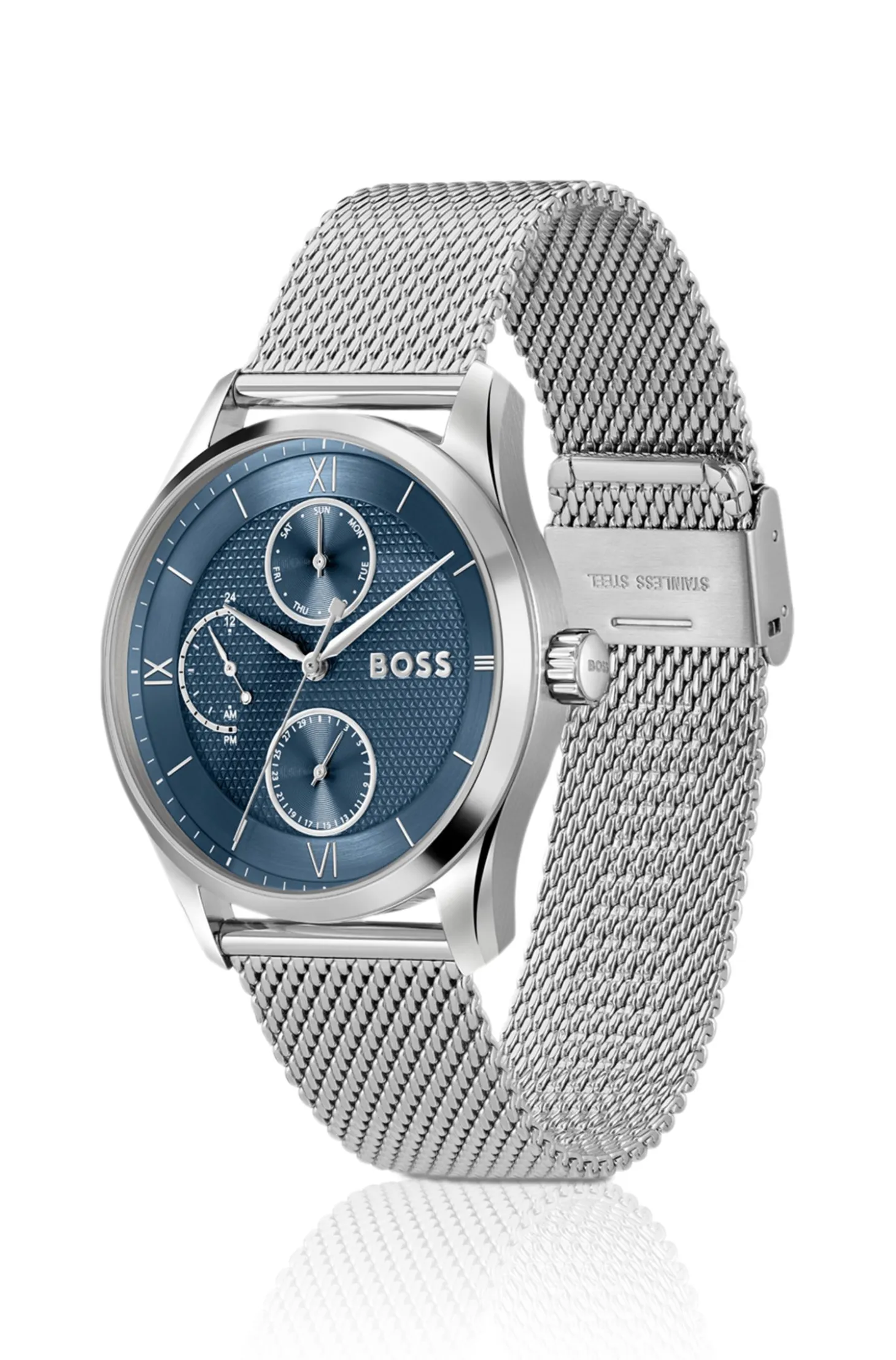 Blue-dial watch with mesh bracelet
