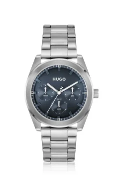 Blue-dial watch with stainless-steel bracelet