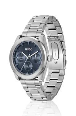 Blue-dial watch with stainless-steel bracelet