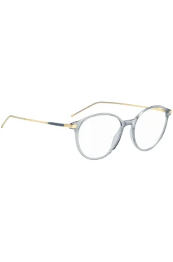 Blue-grey optical frames with gold-tone trims