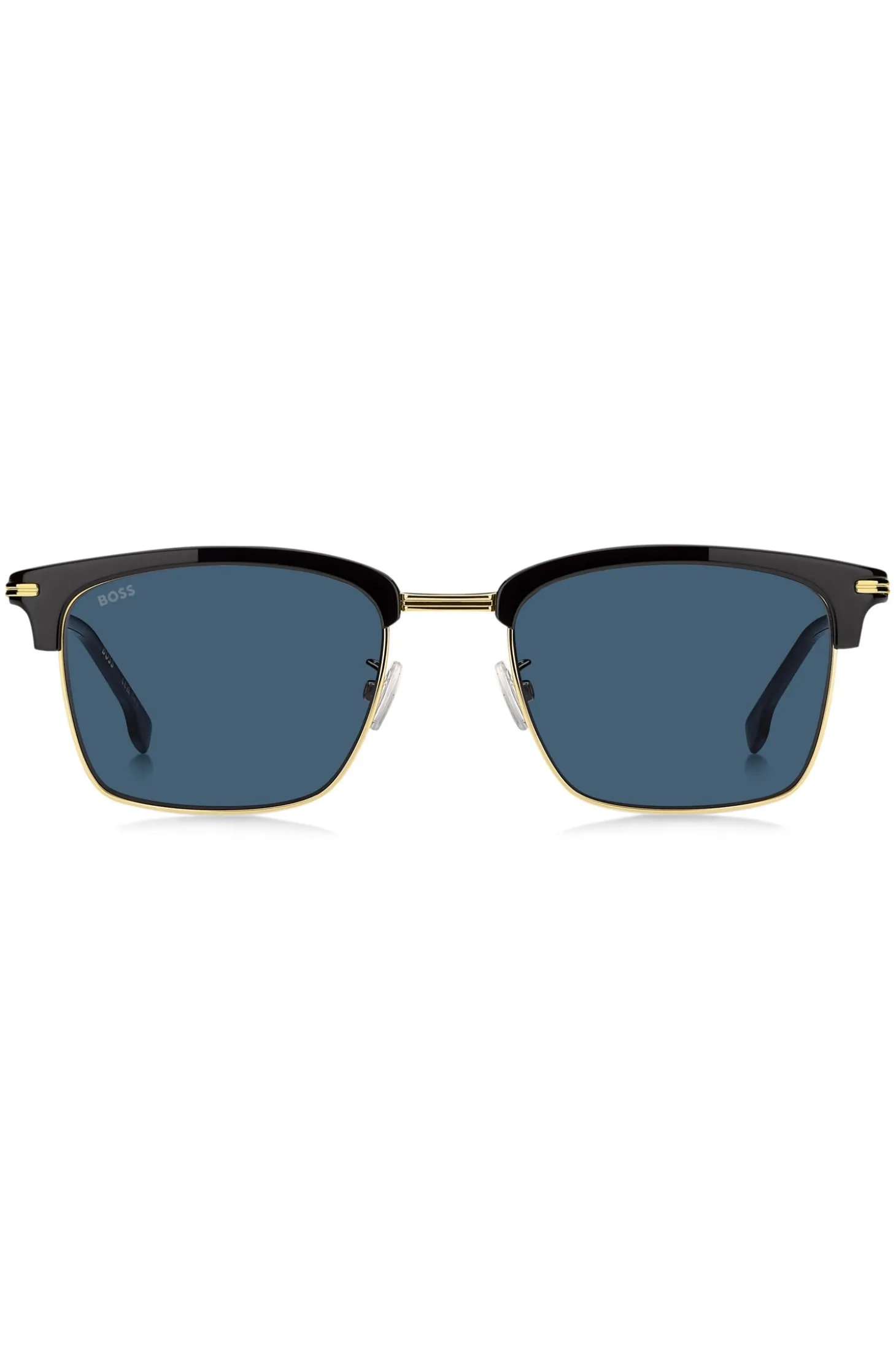 Blue-lens sunglasses with black and gold-tone frames