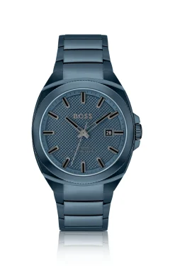 Blue link-bracelet watch with tonal guilloché dial