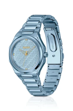 Blue-steel watch with logo-textured dial