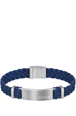 Blue-suede braided cuff with logo plate