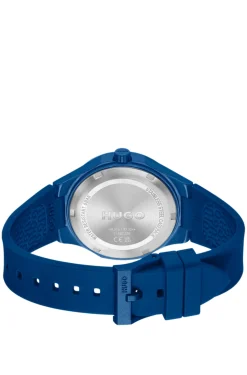 Blue watch with silicone logo strap
