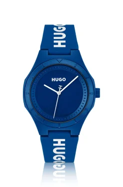Blue watch with silicone logo strap