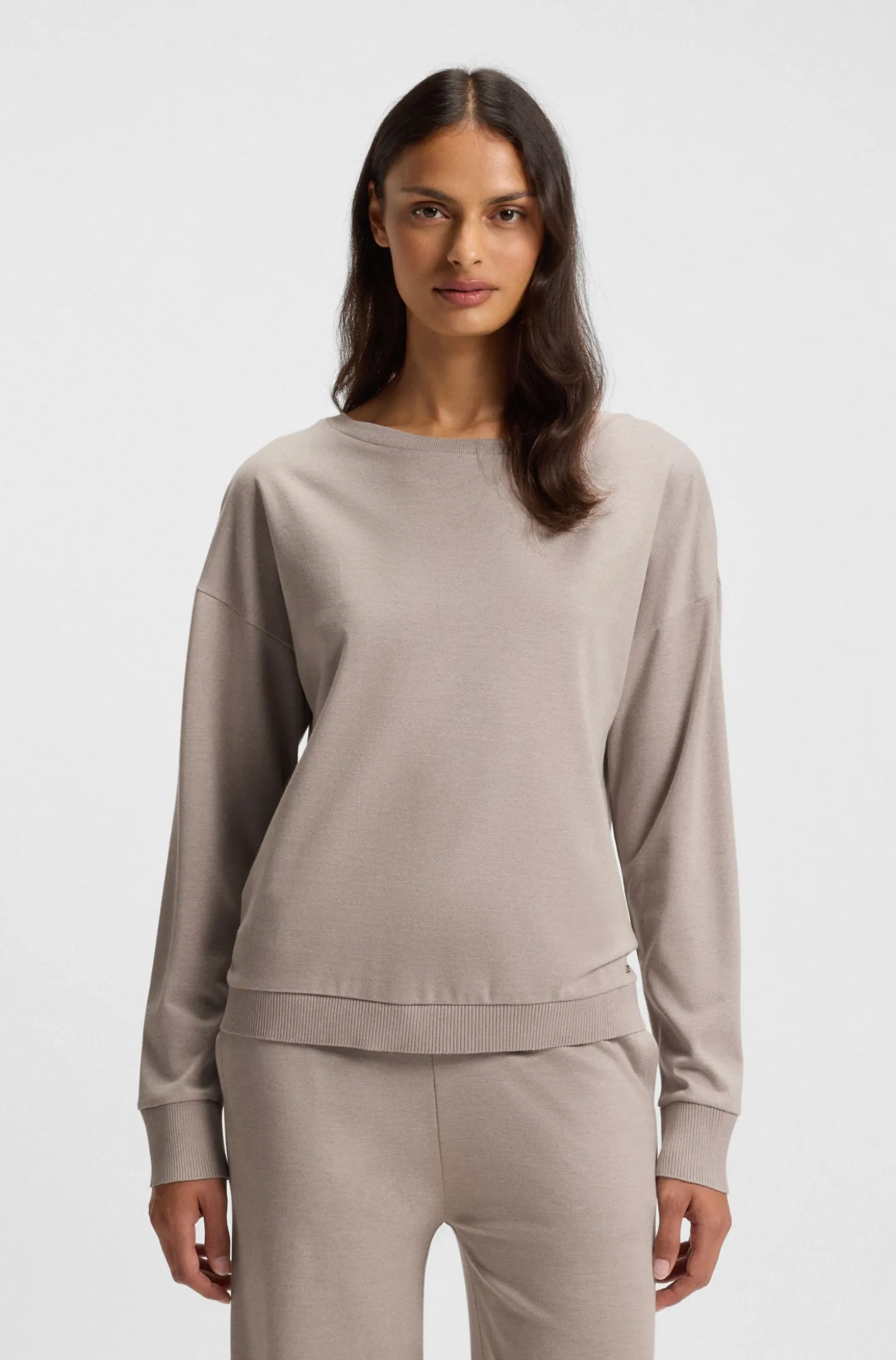 Boat-neck sweatshirt in melange jersey with logo plate