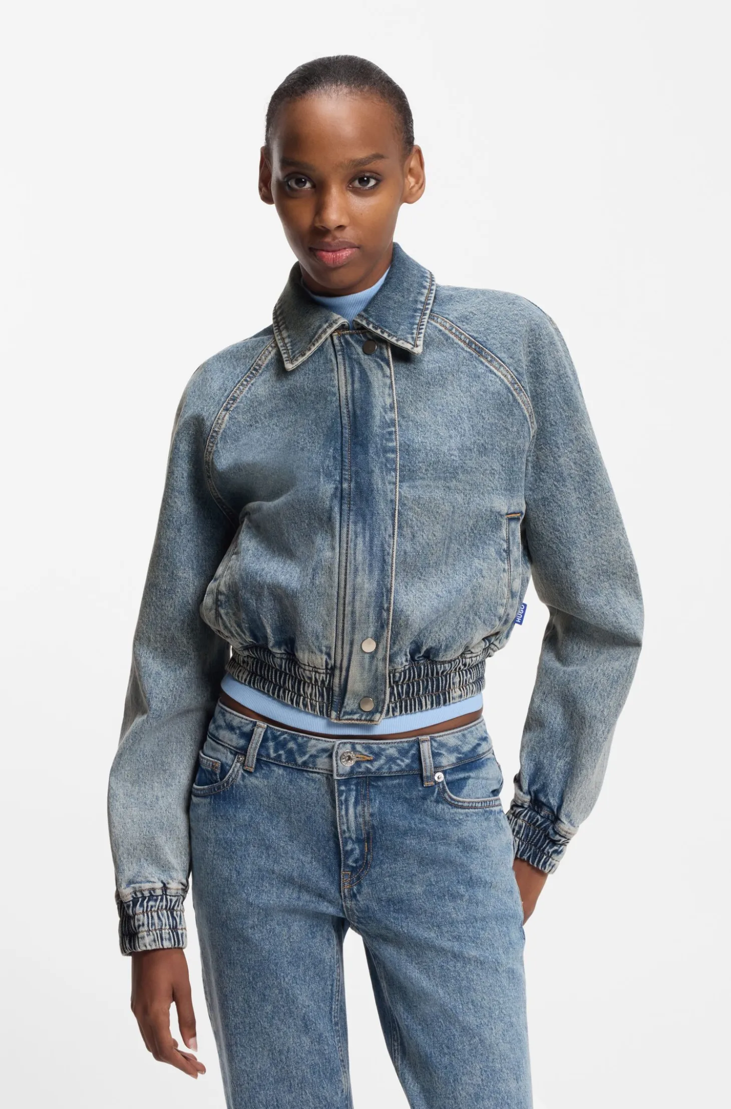 Bomber jacket in blue stretch denim