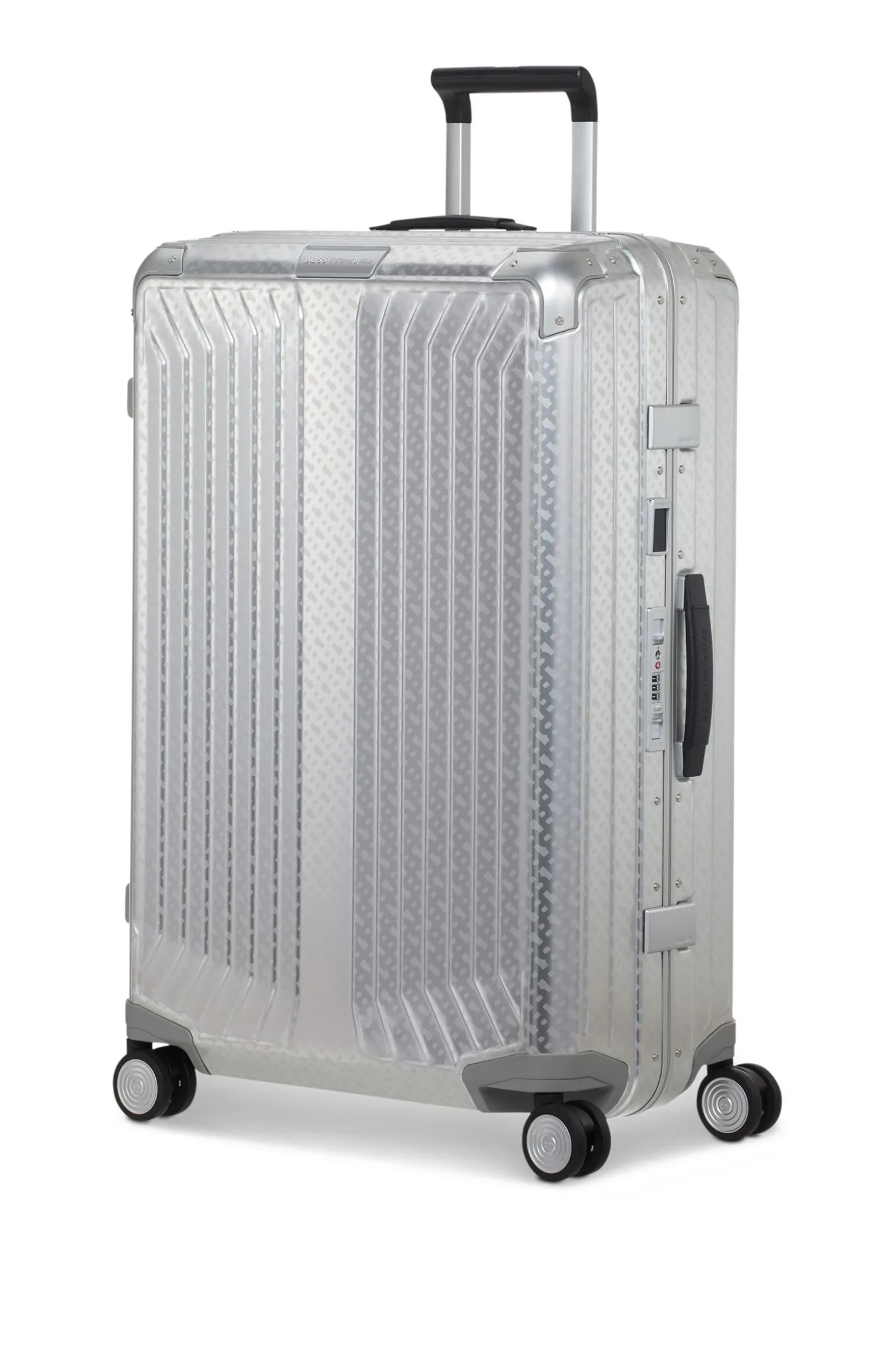 BOSS x Samsonite silver aluminium suitcase 76cm