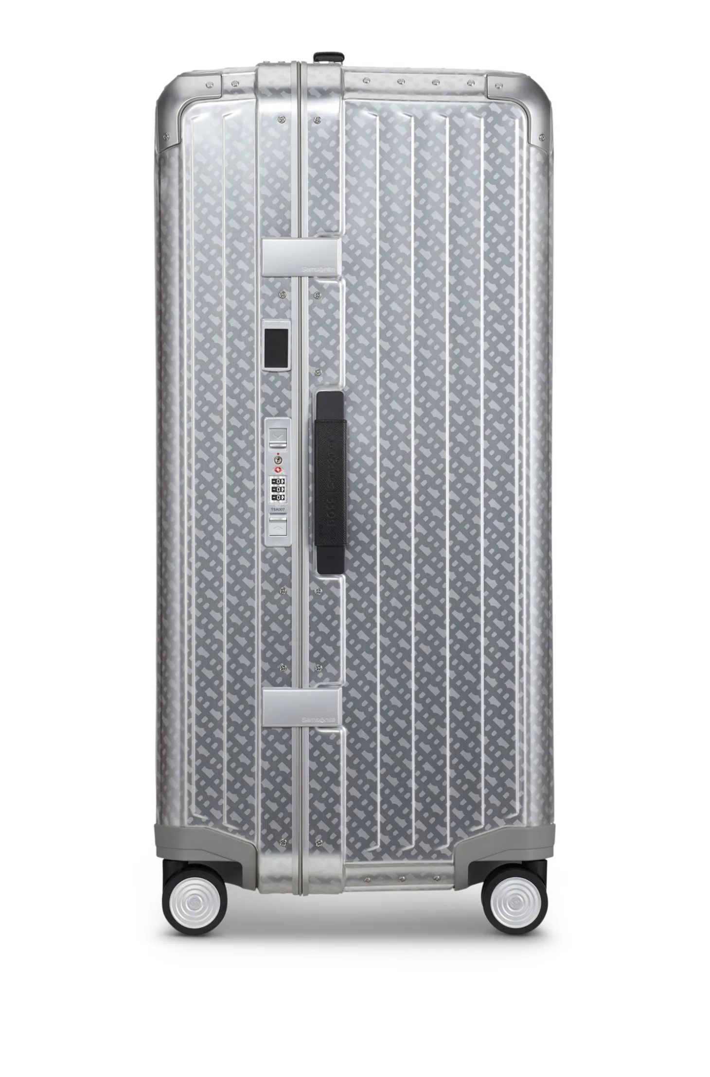 BOSS x Samsonite silver aluminium trunk suitcase 80cm
