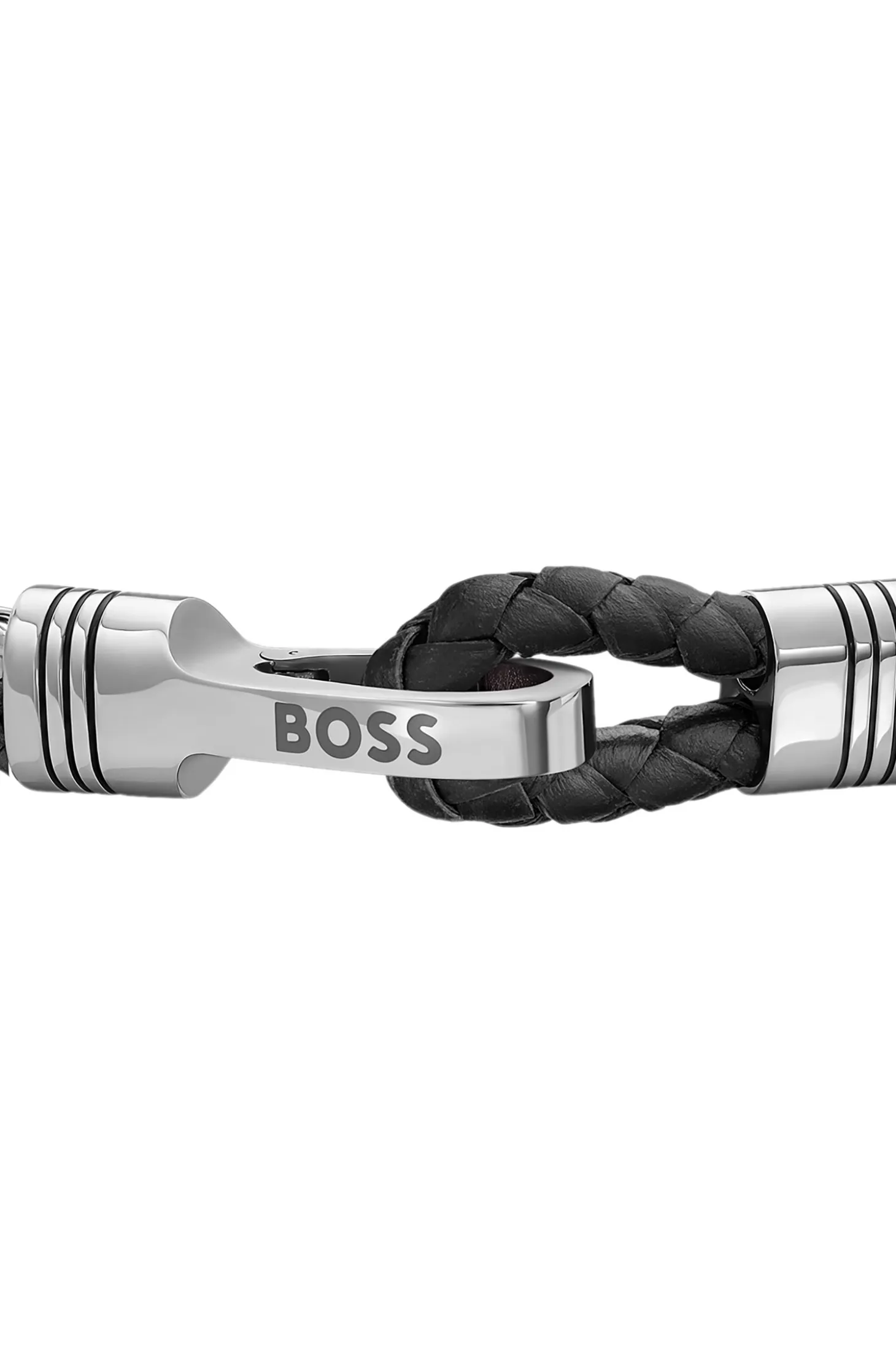 Braided cuff in black leather and stainless steel