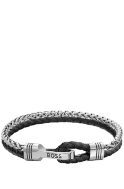 Braided cuff in black leather and stainless steel