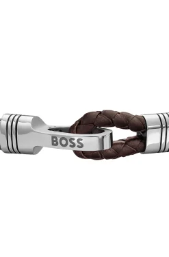 Braided cuff in brown leather and stainless steel