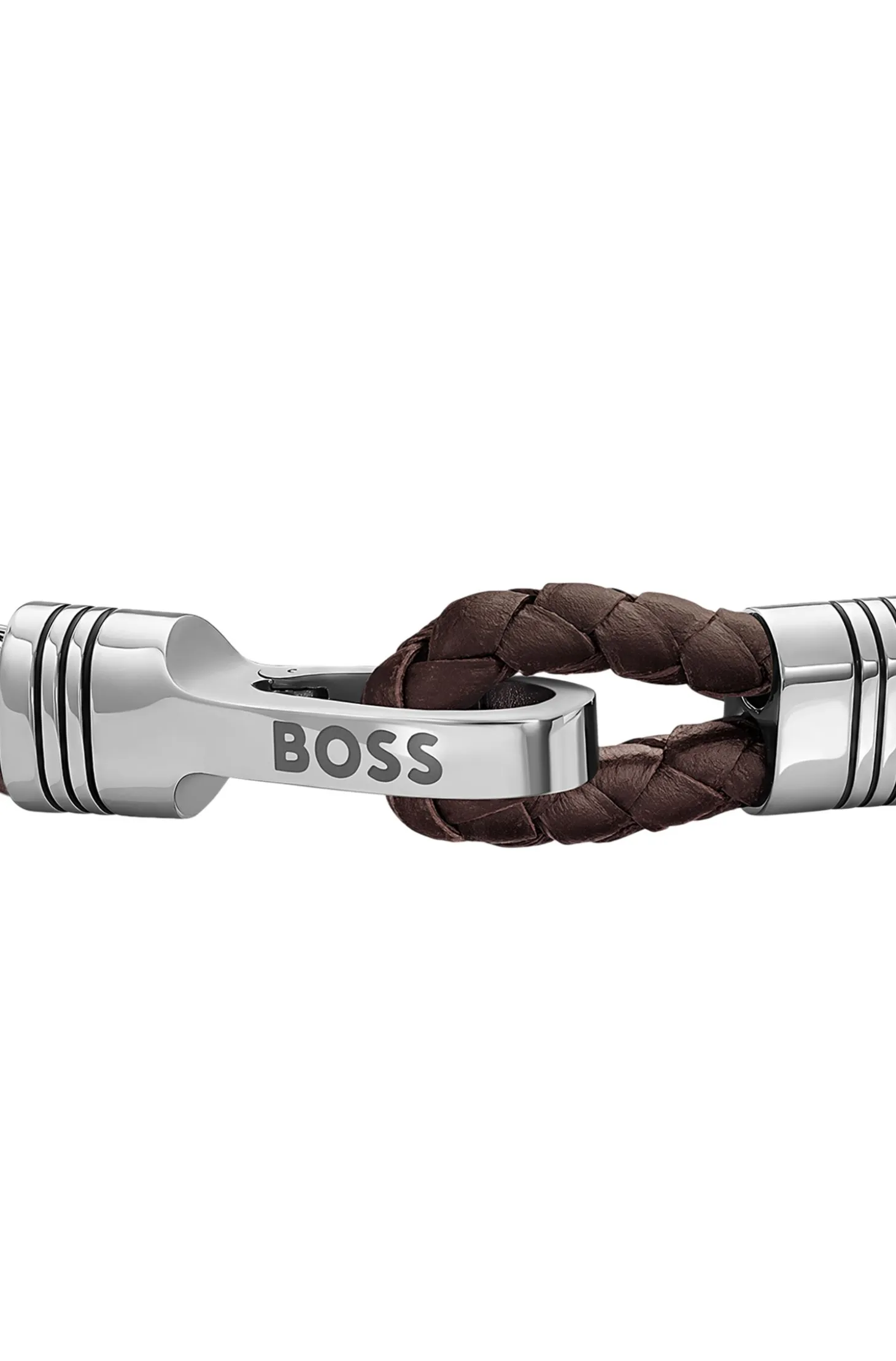 Braided cuff in brown leather and stainless steel