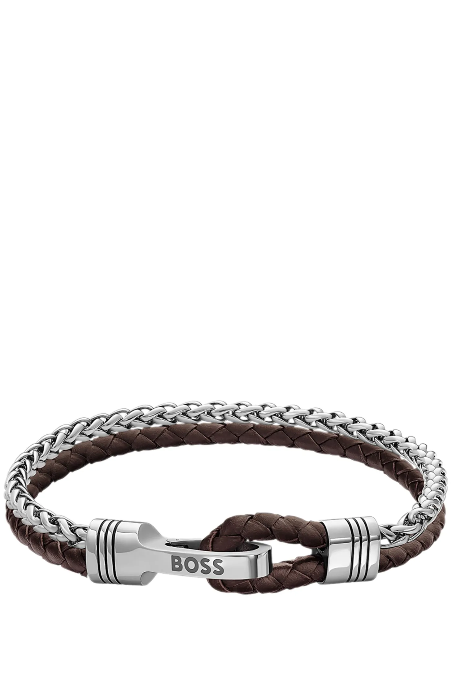 Braided cuff in brown leather and stainless steel