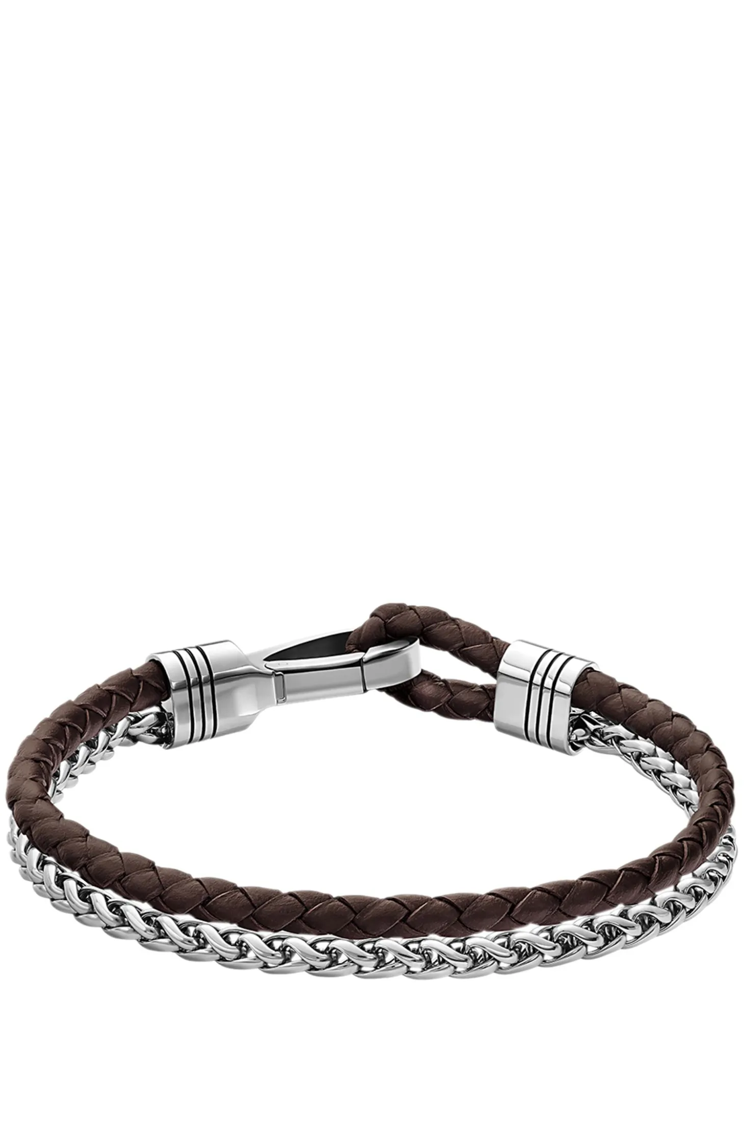 Braided cuff in brown leather and stainless steel
